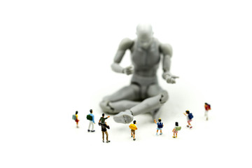 Miniature people : student children with model robot,modern technology concept. Stem education.