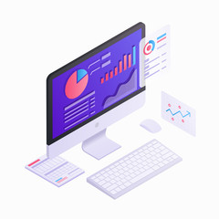 Computer monitor Isometric 3d design with infographic elements. Business strategy and planning, data and investments. Business success concept vector illustration for presentation, landing page