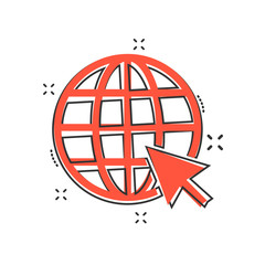Vector cartoon go to web icon in comic style. Globe world sign illustration pictogram. WWW url business splash effect concept.