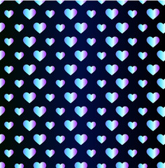 Seamless neon pattern of hearts on a blue gradient background. Idea for a romantic greeting card