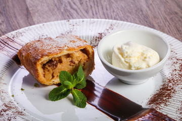 Apple strudel with ice-cream