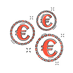 Fototapeta premium Vector cartoon euro coins icon in comic style. Money coin sign illustration pictogram. Euro cash business splash effect concept.
