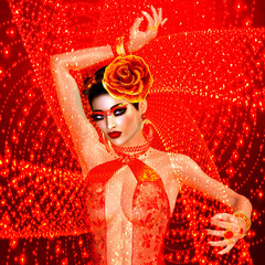 Sexy flamenco dancer in red heart dress with swirling glittering gold background.  Flamenco, the mystery, seduction and beauty are all captured right here with our unique 3d rendered digital model - obrazy, fototapety, plakaty