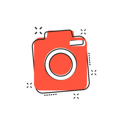 Vector cartoon photo camera icon in comic style. Photographer cam sign illustration pictogram. Camera business splash effect concept.