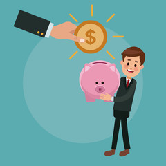 Businessman holding piggy and hand inserting coin vector illustration graphic design