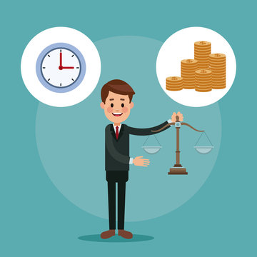 Businessman holding balance and money with clock symbols vector illustration graphic design