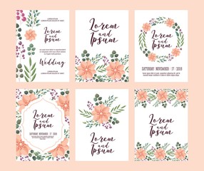 Obraz na płótnie Canvas set of card with pink wild flowers leaves wedding ornament