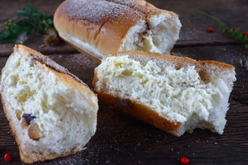 fresh tasty homemade bread on old wooden