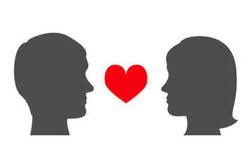 Man and woman looking at each other. Male and female head silhouettes and red heart. Face to face. Vector illustration.
