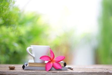 White cup with frangipani flower and notebooks