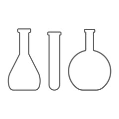 Chemical flask, test tube and vial. Outline. Vector icon set.