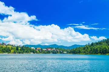Fototapeta na wymiar Panorama of beautiful town of Fuzine on Lake Bajer, Gorski kotar, Croatia 