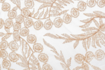 Close-up embroidery with plants motifs of beige lace on white background.