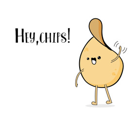 Vector funny cartoon potato chips waving. Cute quote illustration. Children food character for advertising. snack symbol