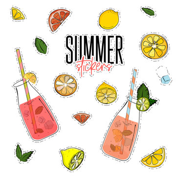 Vector summer set with lemonade jar, lemons, mint, ice cubes and oranges. Fresh liquid stickers. Advertising details. Healthy sweet home made drinks. Colorful icons
