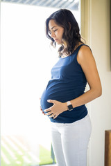 Pregnant Woman Daydreaming By Window At Home