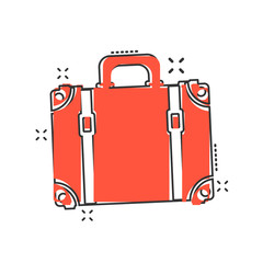 Vector cartoon suitcase icon in comic style. Case for tourism, journey, trip sign illustration pictogram. Suitcase business splash effect concept.