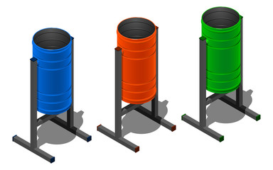 Три цветные круглые урны для мусора, голубая, оранжевая и зеленая. Изометрический рисунок на белом фоне с тенью