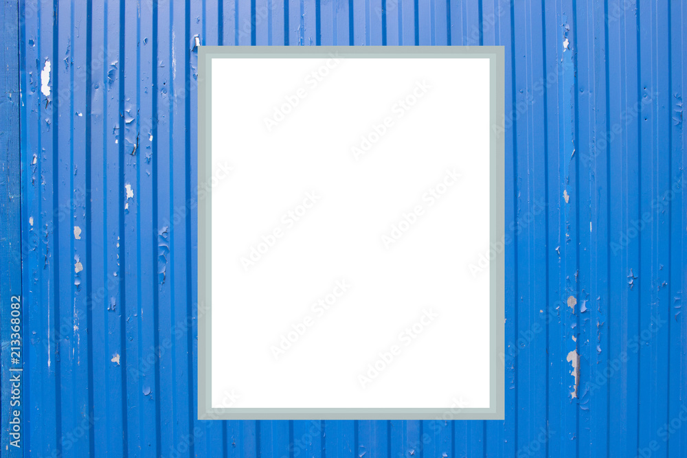 Aufkleber blue metal fence background. photo frame mock up. empty space for text design and message