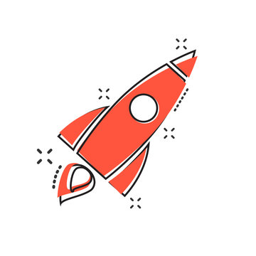 Vector cartoon rocket icon in comic style. Startup launch sign illustration pictogram. Rocket business splash effect concept.