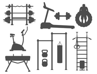 Fitness gym club athlet sport activity body tools silhouette wellness dumbbell equipment vector illustration