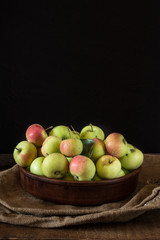 Ripe red and green apples on wooden background. Apples in bowl. Garden fruits. Autumn fruits. Autumn harvest.