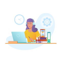 Education Online vector design concept. Young woman working with laptop at work desk