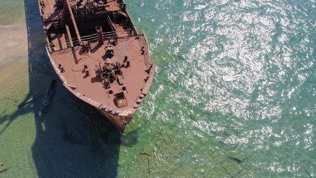 Picturesque aerial view of abandoned shipwreck beach, Peloponnese, Greece