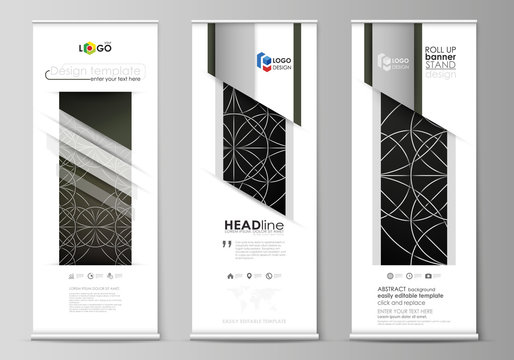 Roll up banner stands, flat design templates, business concept, corporate vertical vector flyers, flag layouts. Celtic pattern. Abstract ornament, vintage texture, medieval classic ethnic style.