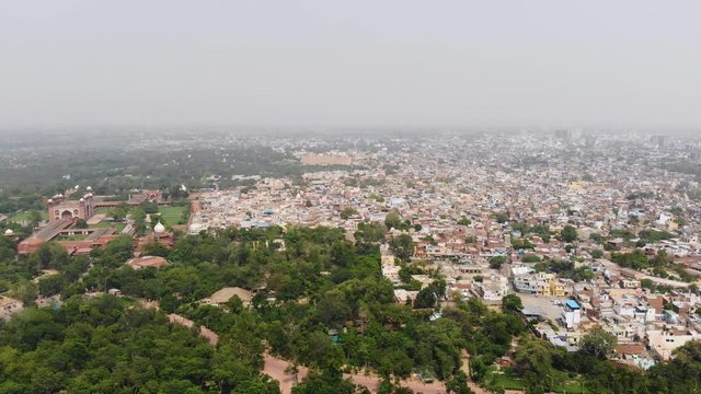 Aerial panoramic view of cityscape of Agra (city of Taj Mahal) - Uttar Pradesh, landscape panorama of India from above, Asia