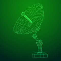 Directional radio antenna with satellite dish. Astronomy radio telescope . Wireframe low poly mesh vector illustration