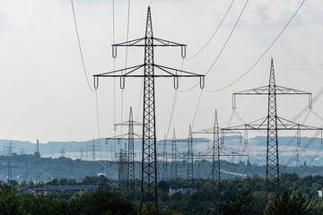 High voltage lines and power pylons in a green landscape against a gray sky background.