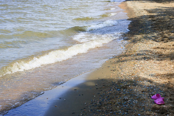 children's pink rubber slippers left on the seashore