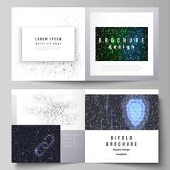 The vector layout of two covers templates for square design bifold brochure, magazine, flyer, booklet. Binary code background. AI, big data, coding or hacker concept, digital technology background.