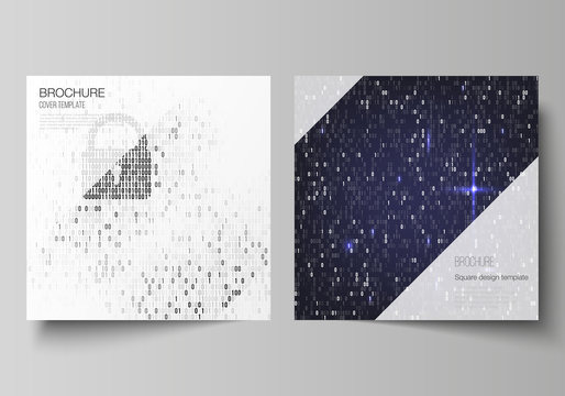 The minimal vector layout of two square format covers design templates for brochure, flyer, magazine. Binary code background. AI, big data, coding or hacker concept, digital technology background.