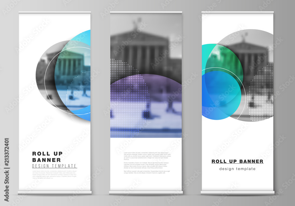 Poster the vector illustration of the editable layout of roll up banner stands, vertical flyers, flags desi