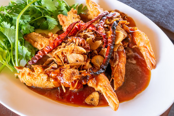 Stir fired shrimp with tamarind sauce, famous Thai style seafood