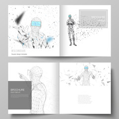 The vector illustration of the editable layout of two covers templates for square design bifold brochure, magazine, flyer. Man with glasses of virtual reality. Abstract vr, future technology concept.