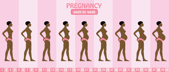 Week by week pregnancy stages of pregnant black woman with pants