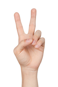 Man’s hand forms a victory or peace symbol