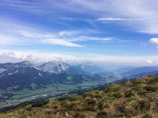 Fototapeta na wymiar Hauser Kaibling, Steiermark/Austria - September 16 2016: view from the top of Hauser Kaibling on Haus im Ennstal and neighbour villages