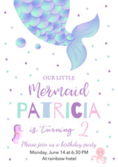 Image of Hand drawn cute card with mermaid,squid and sea horse printed on Printed Glass Basin Splashbacks