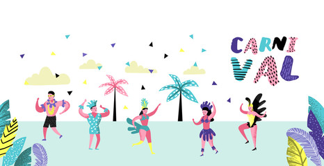 Carnival Poster, Banner, Brochure with Dancing Character People. Masqeurade Party Elements with Masks and Festive Symbols. Vector illustration