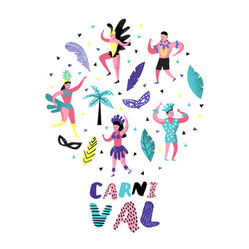 Carnival Doodle with Dancing Character People. Masqeurade Party Elements with Masks and Festive Symbols. Vector illustration