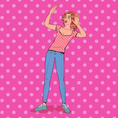 Pop Art Frightened Woman. Scared Facial Expression. Shocked Beautiful Girl Holding Hands Upwards. Negative Emotion. Vector illustration