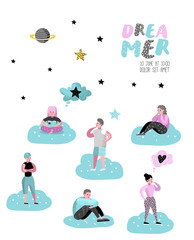 Happy People Dreaming about Something Poster, Banner, Brochure. Young Man Thinking. Woman Dream about Future. Joyful Cartoon Characters. Vector illustration