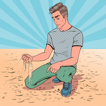 Pop Art Sad Young Man Sitting on the Beach. Broken Heart Guy. Facial Expression. Negative Emotion. Vector illustration