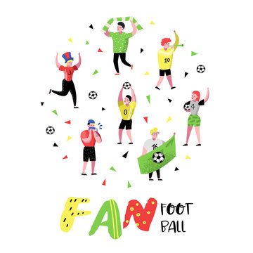Football Fans Celebrating Victory. Funny Characters Sport Supporters. Group of People Supporting on Match with Flag and Scarf. Vector illustration