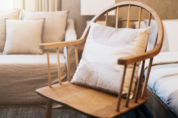 Fototapeta na wymiar close up of natural color sofa with soft pillow interior concept