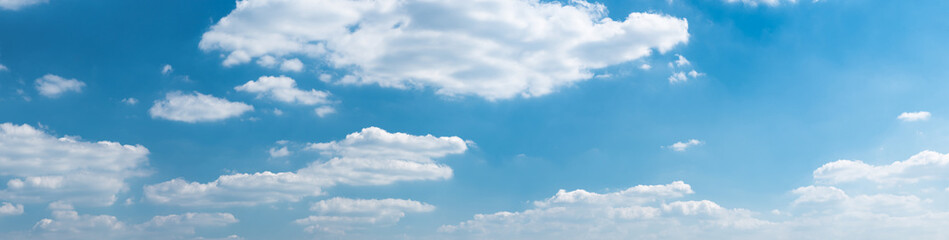 Panorama of beautiful blue sky with clouds on a hot summer day.